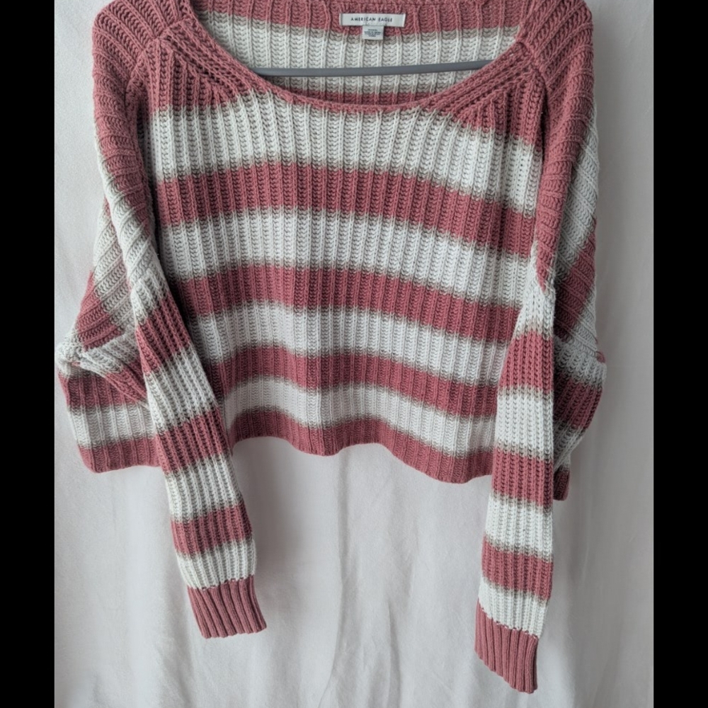 American Eagle Outfitters Striped Crew Neck Sweater - Pink and White